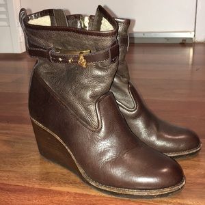 Tory Burch Dark Brown Leather Booties Wedges 6.5